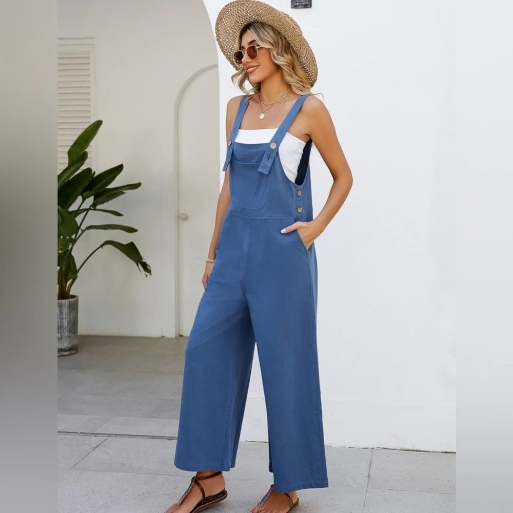 Baggy Comfy Overalls Casual Cotton Loose Fit Wide Leg Jumpsuit Adjustable Strap - Picture 4 of 10